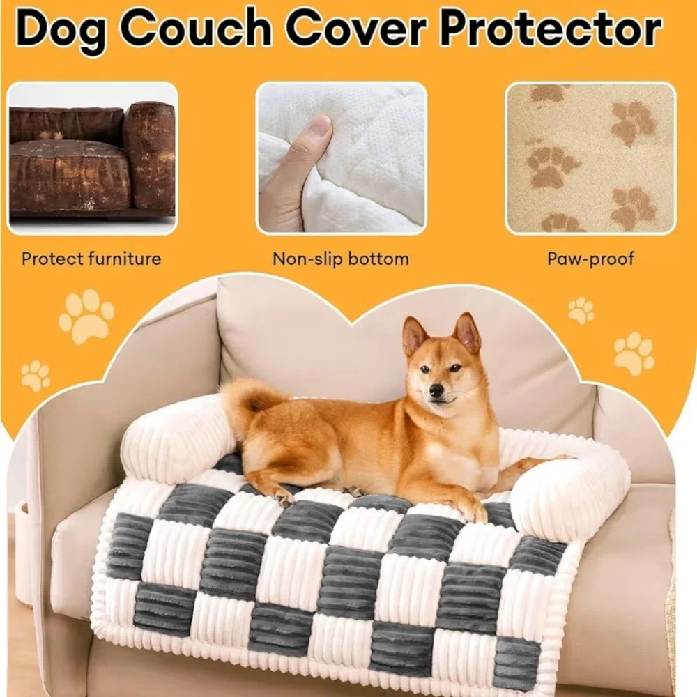 FUNNY FUZZY Pet Couch Covers for Sofa, Cream Square Plaid Cozy Sofa Pad, Black